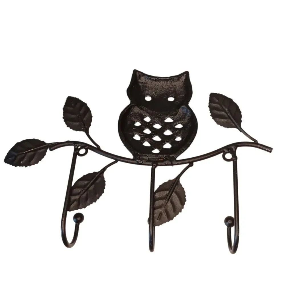 Owl On Tree Branch Wall Hanger Key Holder Three (3) Hooks Black Metal 10.5x7x1